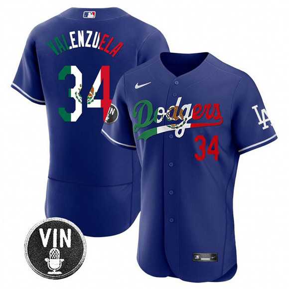 Mens Los Angeles Dodgers #34 Fernando Valenzuela Royal Mexico Special Vin Scully Patch Flex Base Stitched Jersey Dzhi